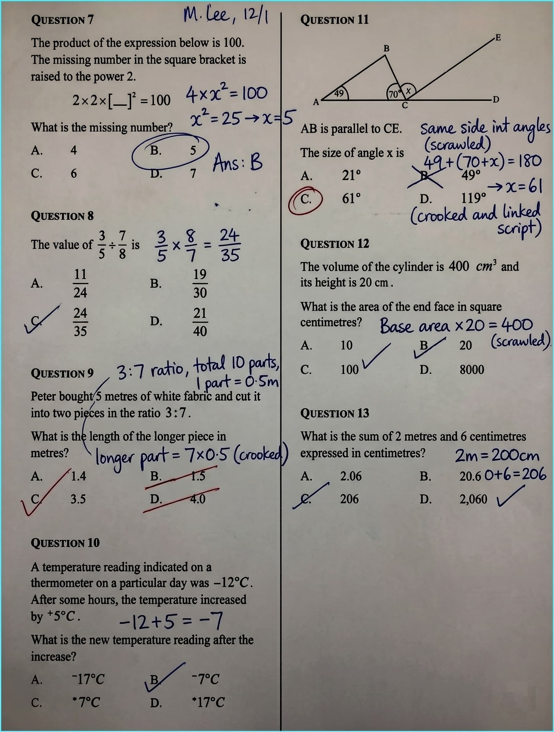 Worksheet sample with handwriting marks